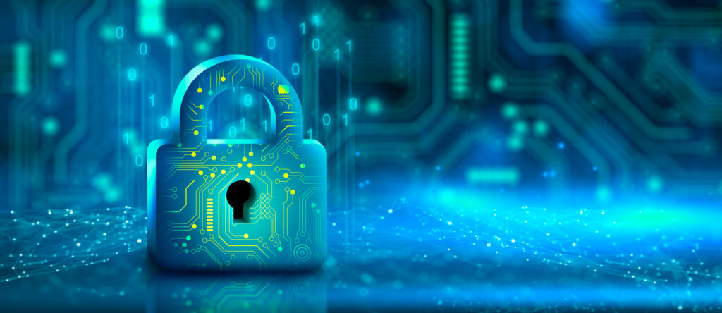 CUI or FCI concept: an artistic depiction of a turqoise, digital padlock resting on circuitry and network connectivity.